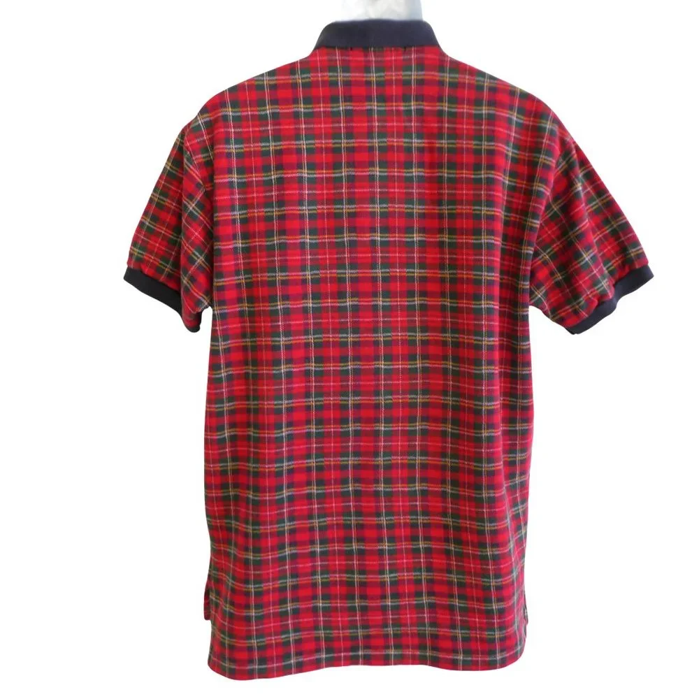 Ralph Lauren Polo Vintage Tartan Plaid Polo Shirt Short Sleeve Navy Knit Collar